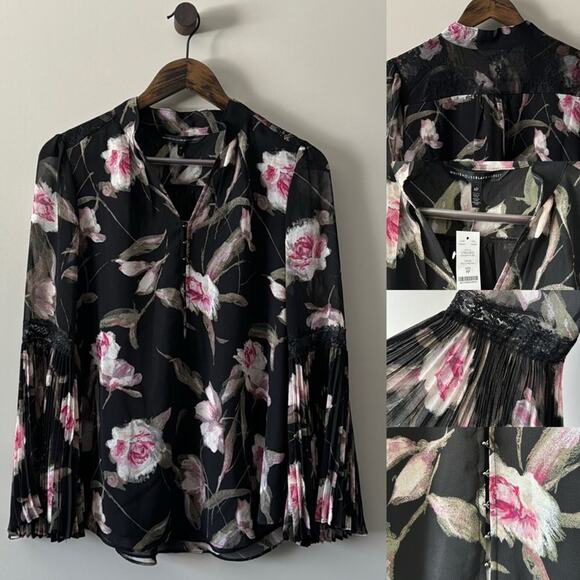 WHITE HOUSE BLACK MARKET FLORAL PLEATED BELL SLEEVE BLOUSE W/LACE SIZE 8P - Picture 1 of 10